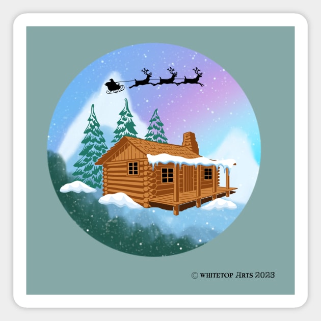 Santa and Reindeer Flying Over A Cabin in the Woods Magnet by Whitetop Arts